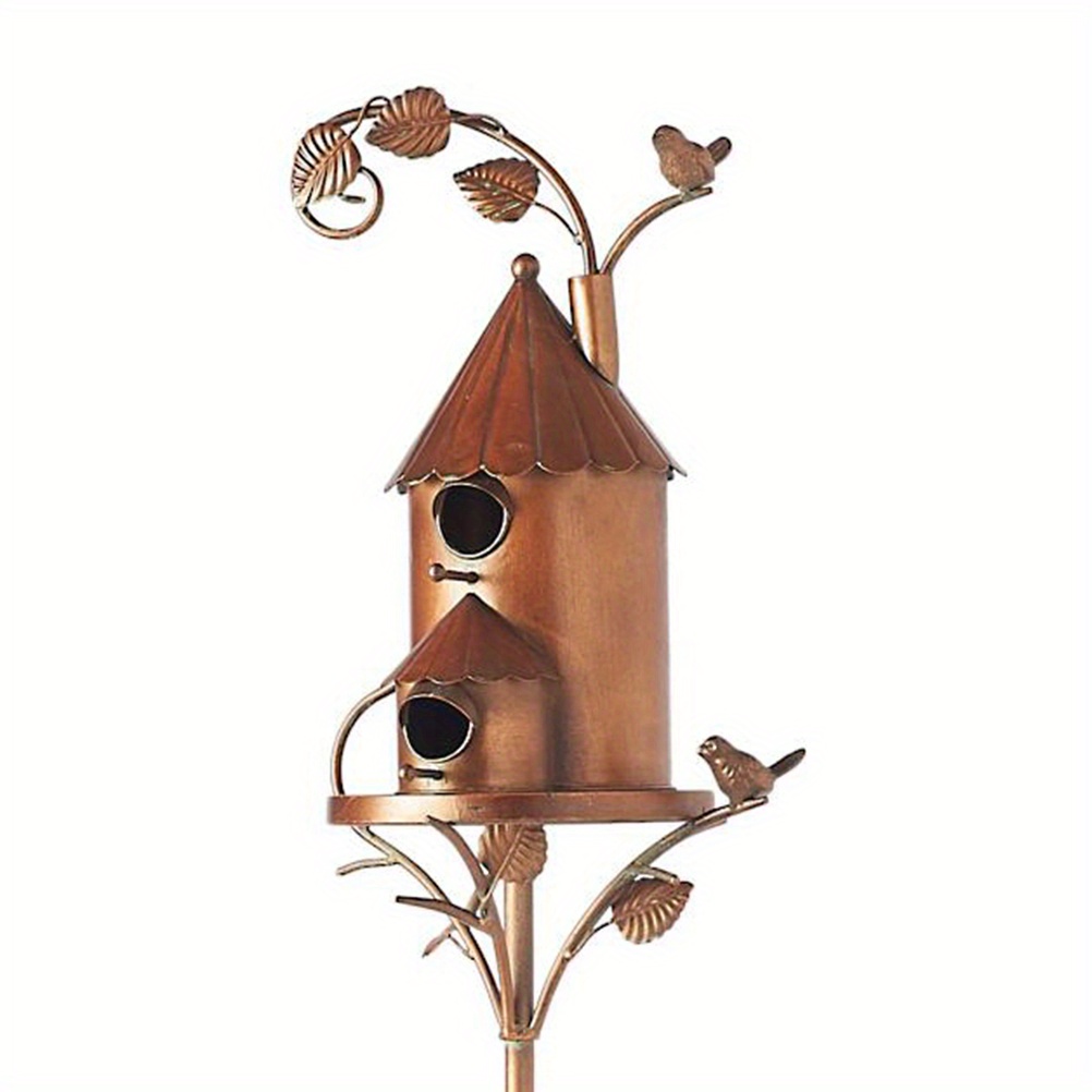 

House With Pole Metal Art Cottage Bird House Stakes Distressed Metal Birdhouse Garden Decor