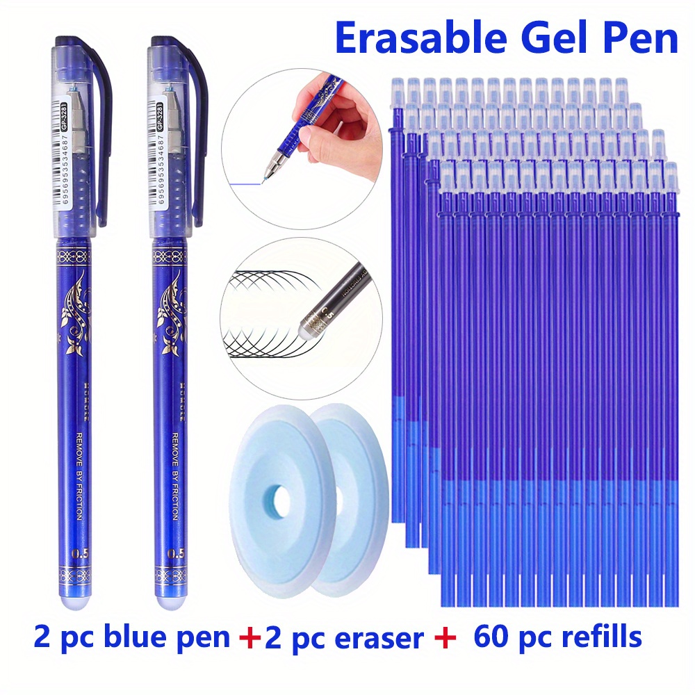 

64-piece Set Erasable Gel Pens 0.5mm, , Office Stationery With 2 Pens, 2 Erasers, 60 Refills - Plastic, No Feather, Mixed