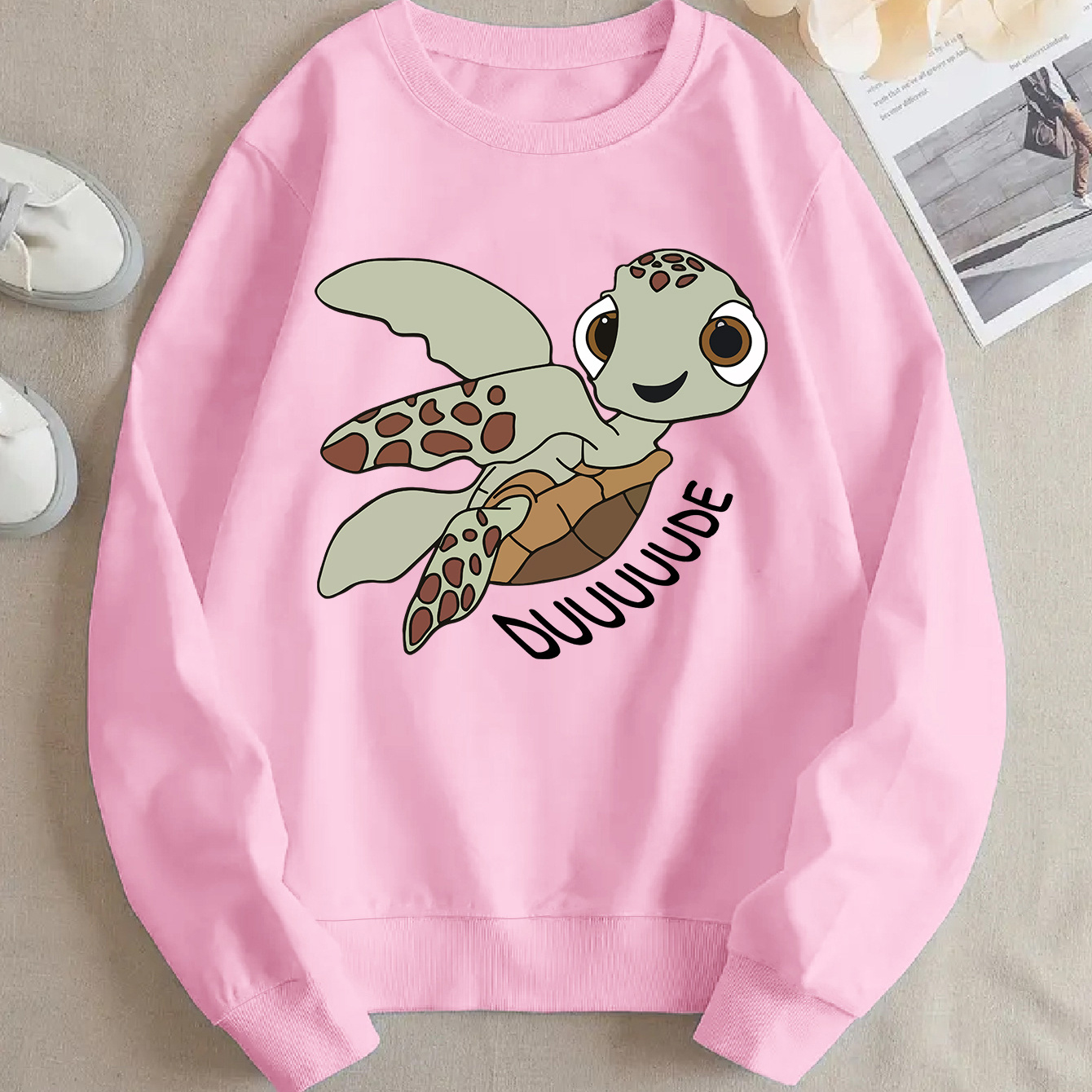 

Casual Crew Neck Sweatshirt - 100% Polyester Knit Fabric - Cartoon Sea Turtle Print With Dude Lettering - Long Sleeve Pullover For Women - Spring/fall Top