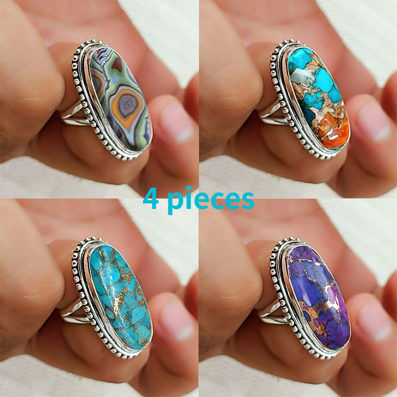 TEMU 4pcs Vintage Synthetic Resin Gemstone Rings For Women Fashion Ring Jewelry Is Anniversaries And Birthday Parties And Parties
