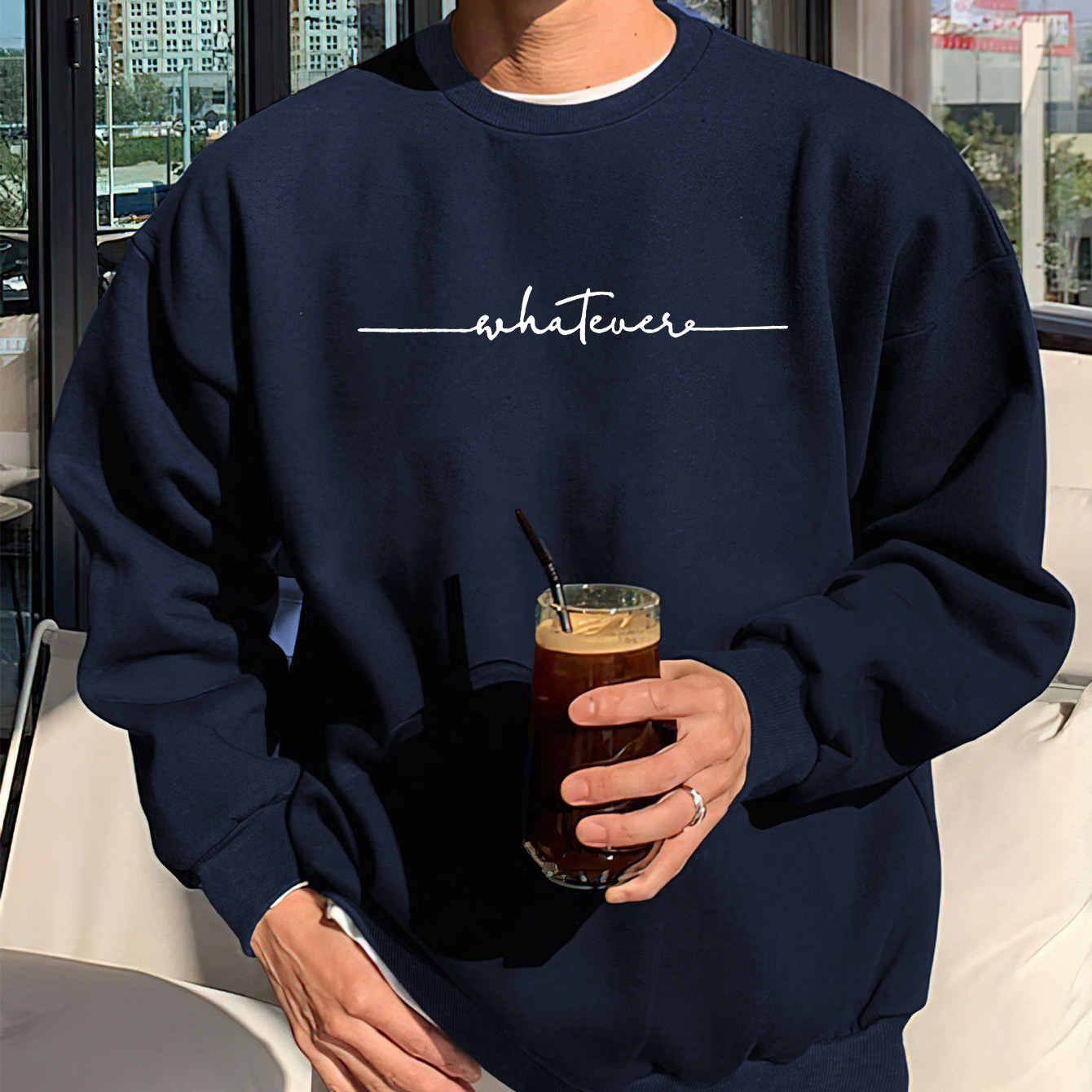 

Men's Casual Crewneck Sweatshirt With "" Letter Print, Stretch Polyester Knit, Comfortable Spring/autumn Fashion, Regular Fit