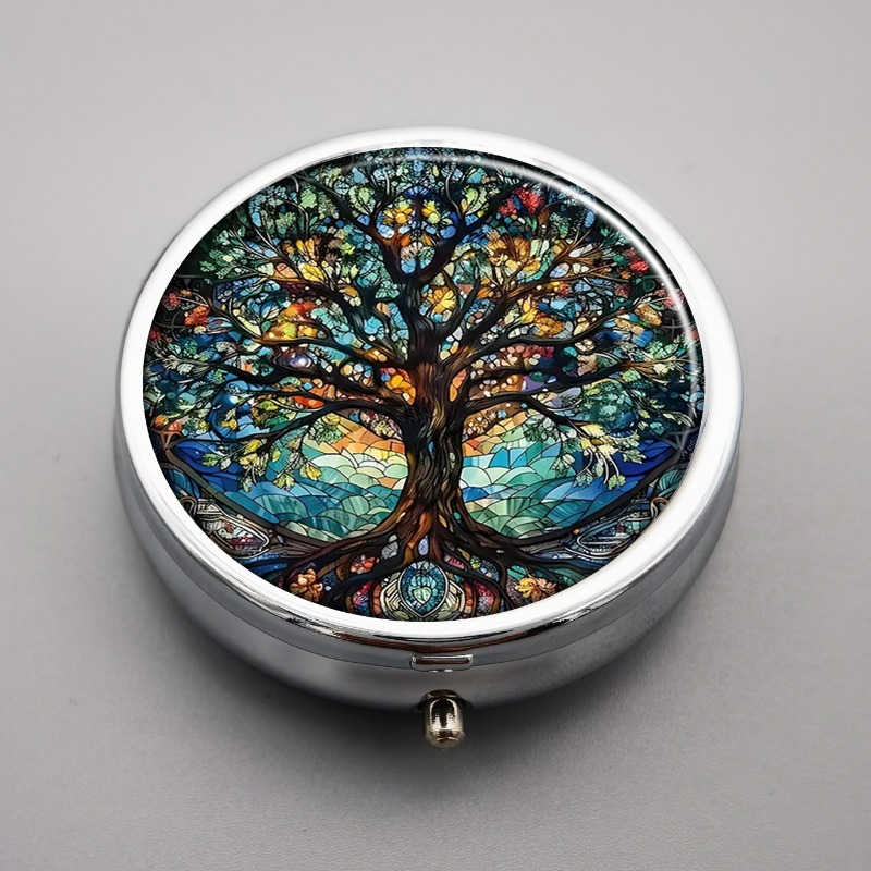 

1pc Tree Of Life Decorative Pill Box, 3-compartment Medicine Case, Portable Metal Vitamin Organizer, 1.88" Pocket-sized For Purse, Unique Gift Idea