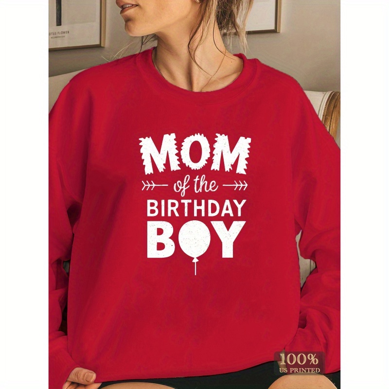 

Mom Of The Birthday Boy Sweatshirt For Women - Casual Polyester Hoodie With Geometric Pattern, Knit Fabric, Round Neck, Regular Fit For Fall/winter Season