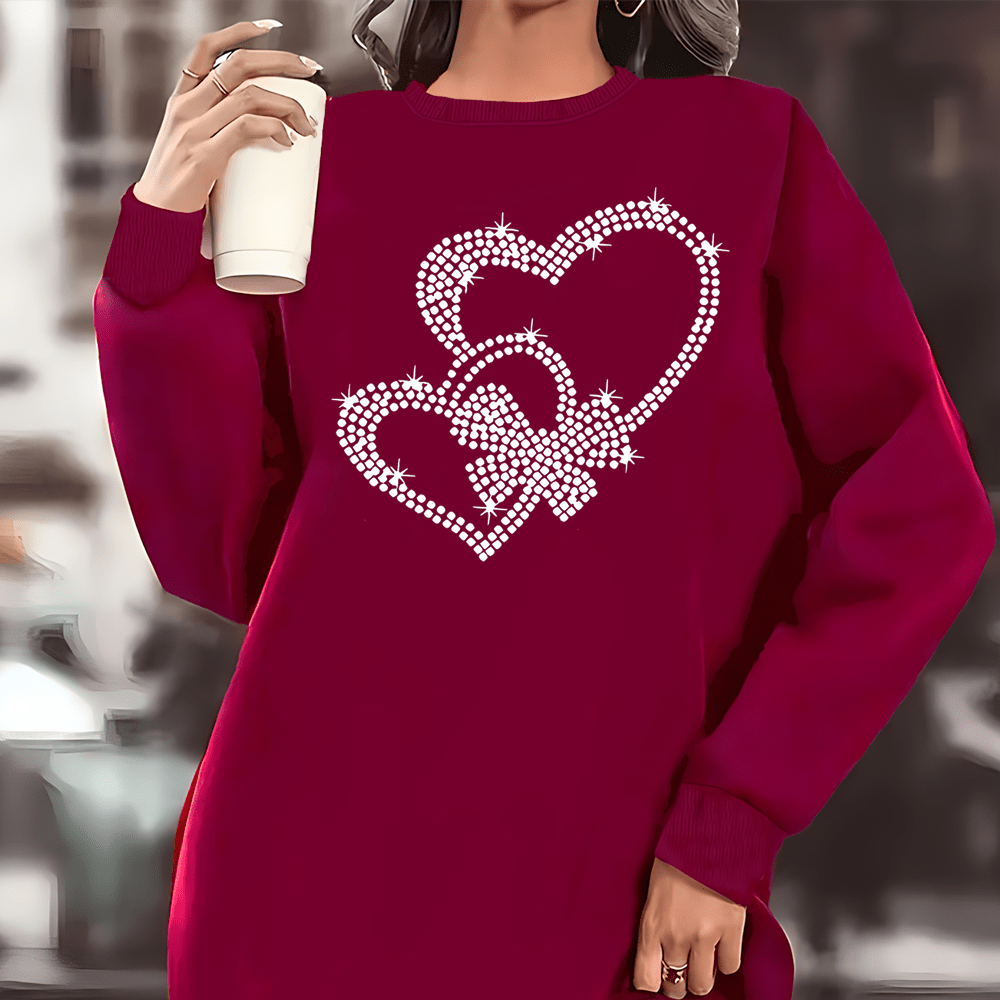 

Plus Size Heart Print Sweatshirt Dress, Casual Crew Neck Long Sleeve Dress For Fall & Winter, Women's Plus Size Clothing