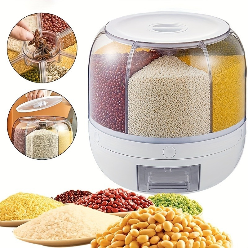 1pc 6 compartment rotating   airtight moisture proof plastic food storage container for rice and   ideal for home kitchen organization   soybeans details 5