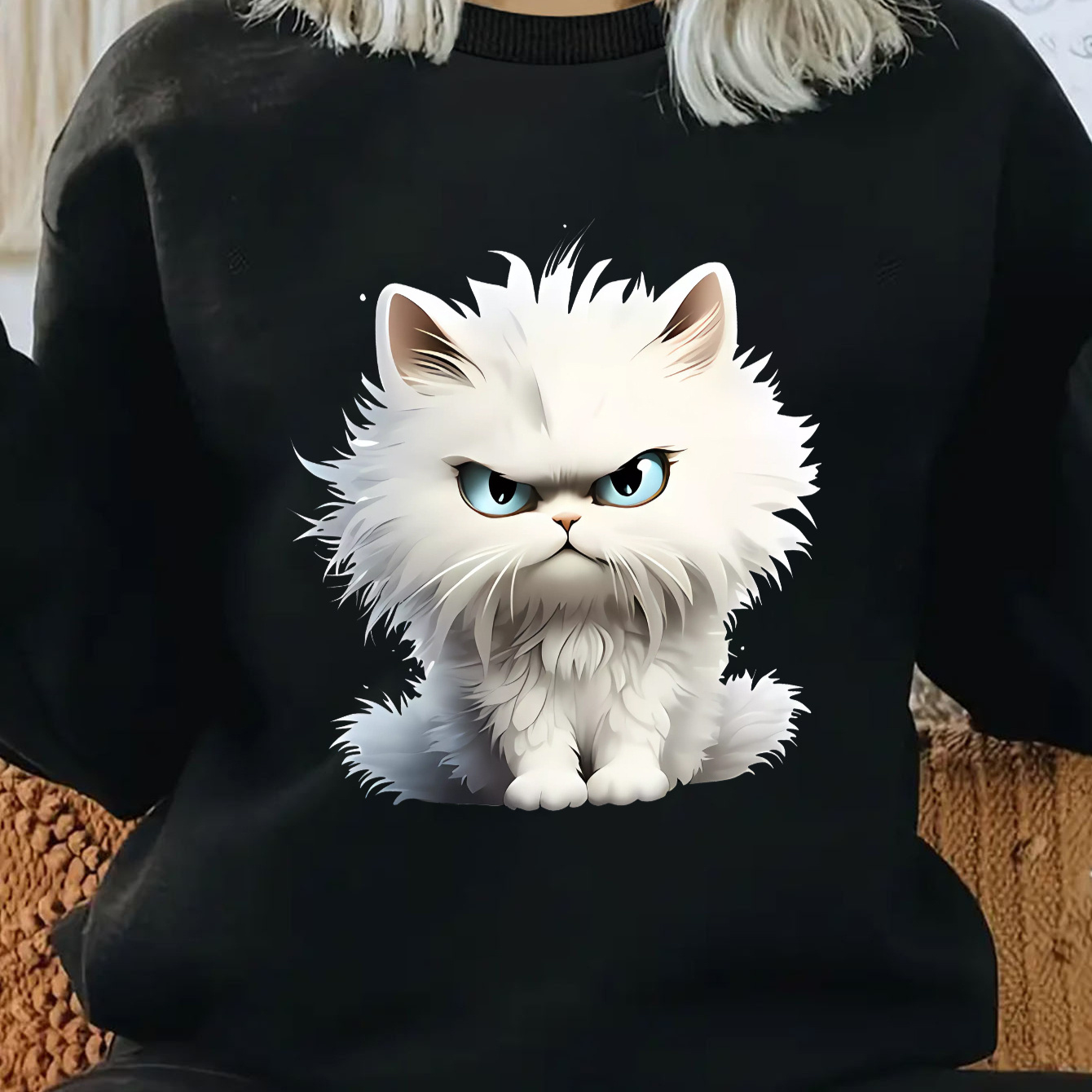 

Women's Cute Fluffy White Cat Graphic Pullover Sweatshirt - Knit Fabric, 100% Polyester, Sports Style, Crew Neck, Stretch, , Adult Casual Active Sweatshirt