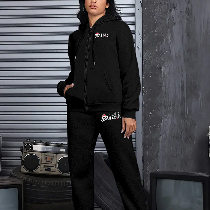 

Casual Knit Polyester Tracksuit Set With Alphabet Print - Hooded Zippered Sweatshirt And Pants For All