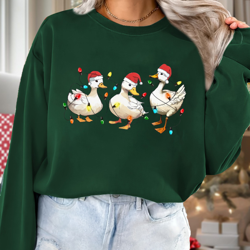 

Women's Christmas Duck Print Sweatshirt - Casual Crew Neck, Long Sleeve Pullover For Fall & Winter, Machine Washable