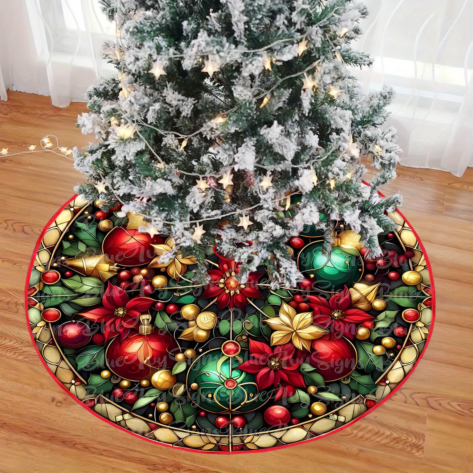 

Boho Style Polyester Christmas Tree Skirt - , Reindeer & Santa Claus Pattern - Holiday Themed Party Decoration (100% Polyester)