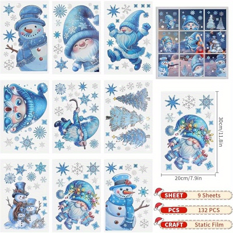 Image of 132pcs Of Blue Snowman Window Decals For Christmas, Featuring Static Cling Pvc Decorations Suitable For Window Displays, Home Decoration, And Party Embellishments