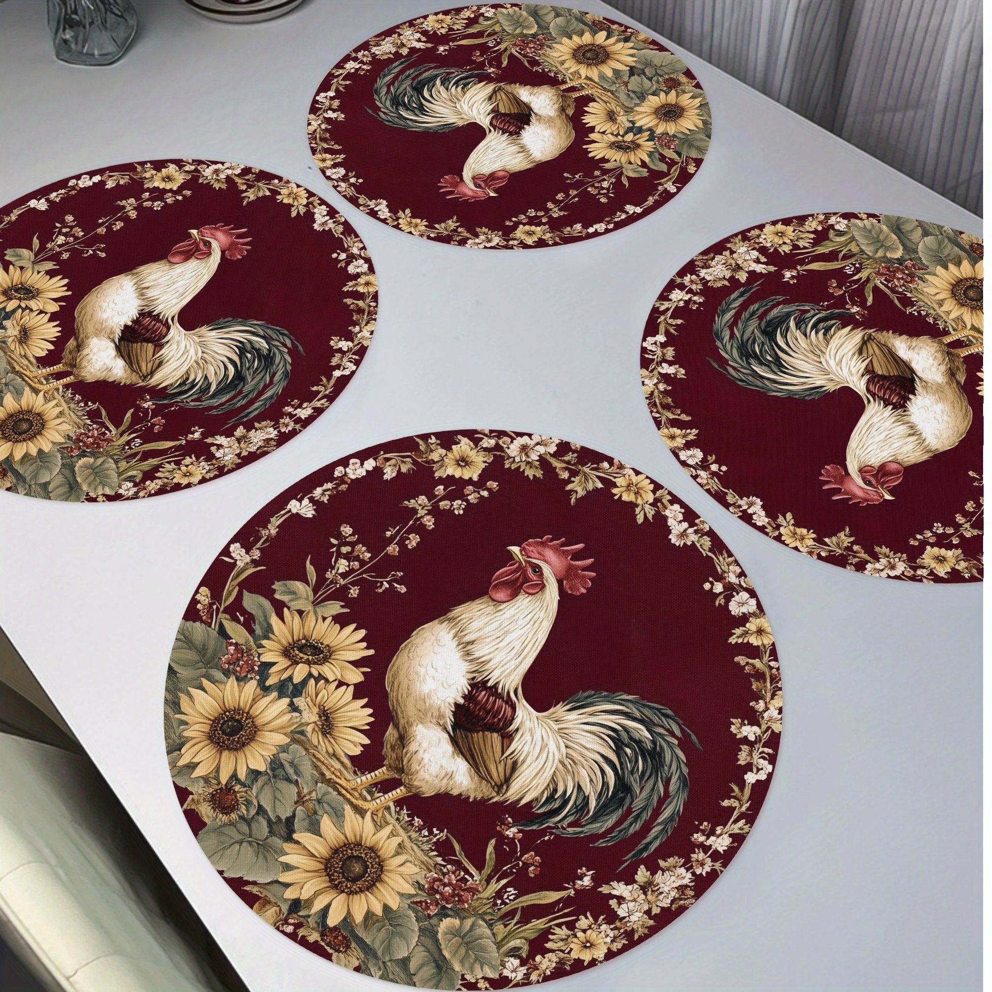 

4-piece Set Round Polyester Placemats With Vintage Rooster And Sunflower Design - Knitted Fabric, Non-slip, Washable, - Hand Wash - Decorative Table Mats For Home, Kitchen, Restaurant, Party Decor