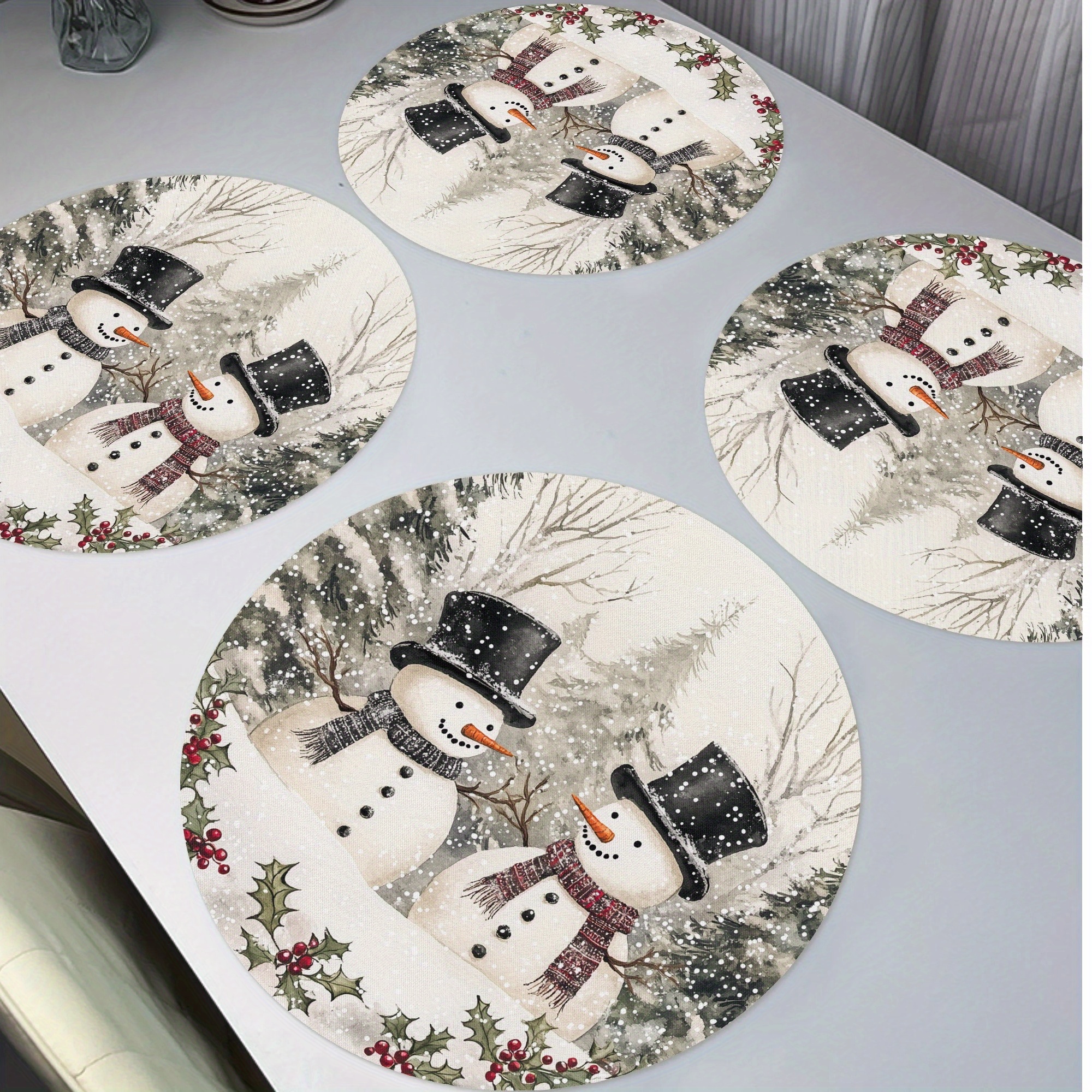 

Jit Merry Christmas Snowman Round Placemats - Set Of 4, 15" Polyester Knit Fabric Table Mats, Hand Washable, Non-toxic, - Winter For Dining & Holiday Decor