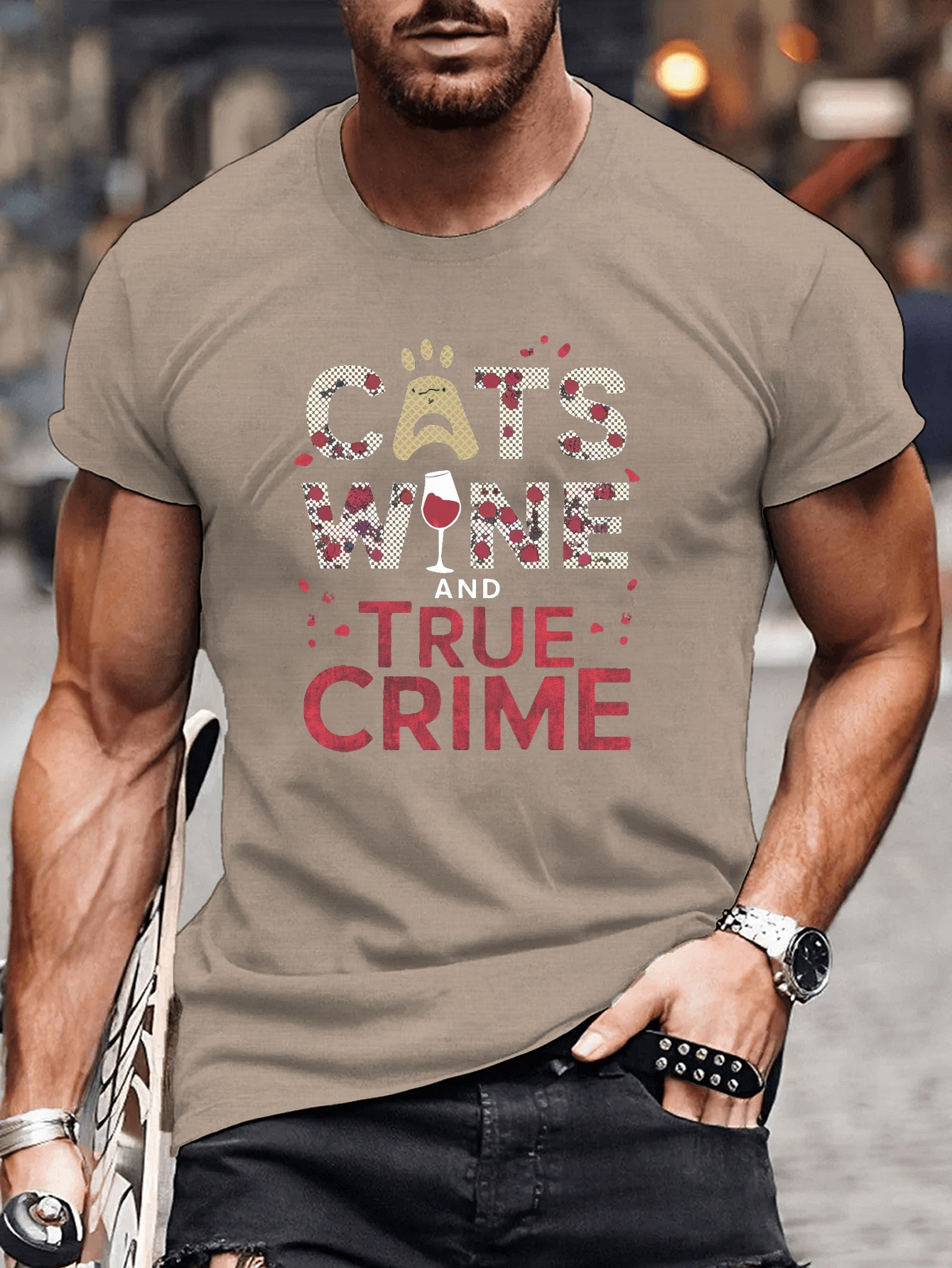 big tall mens summer t shirt cats wine   graphic   round neck tee for casual attire plus size khaki 0