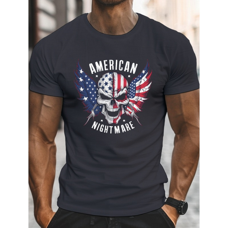 

Men's Polyester T-shirt With Skull & Flag Print - Crew Neck, Short Sleeve, Regular Fit Casual Tee, Knit Summer Top With Stretch - Geometric Pattern