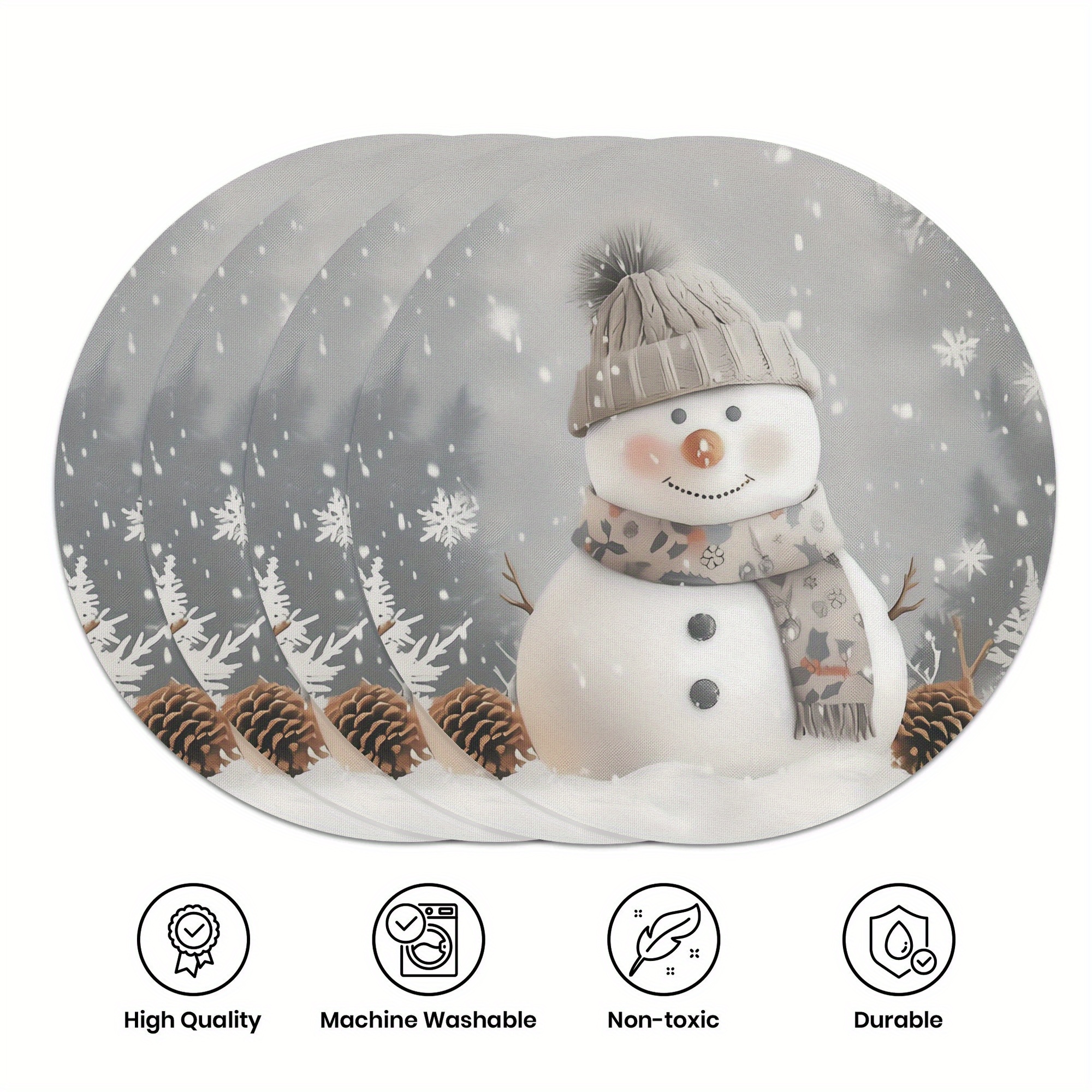 

4-pack Winter Christmas Snowman Placemats, 15" Round Polyester Table Mats, Hand Wash Only, Woven Single-sided Decorative Table Mats For Party, Kitchen, And Restaurant Banquet Decoration