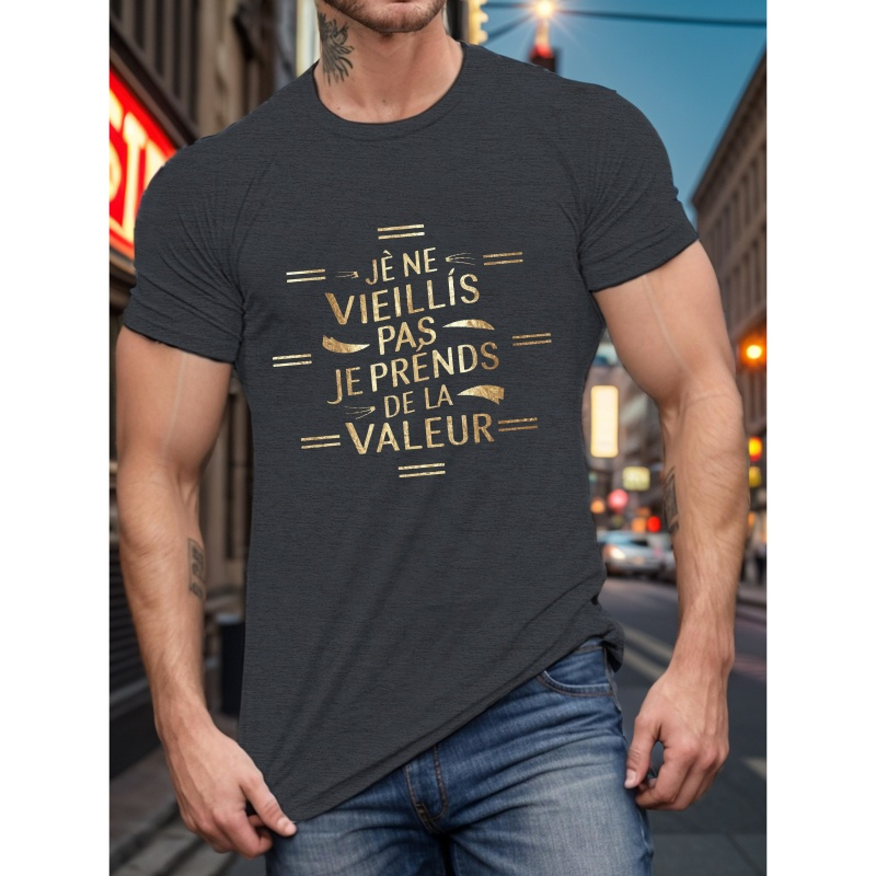 

T-shirt en coton pour homme avec "Je ne vieillis pas, je prends de la valeur" en français - Tissu tricoté casual avec un d'élasticité, motif géométrique, taille régulière pour l'été