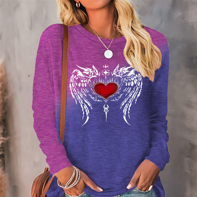 

Women's Casual Long Sleeve T-shirt With Wings Print, Crew Neck, Polyester Knit Fabric, Cartoon Pattern, Regular Length - Spring & Fall Top