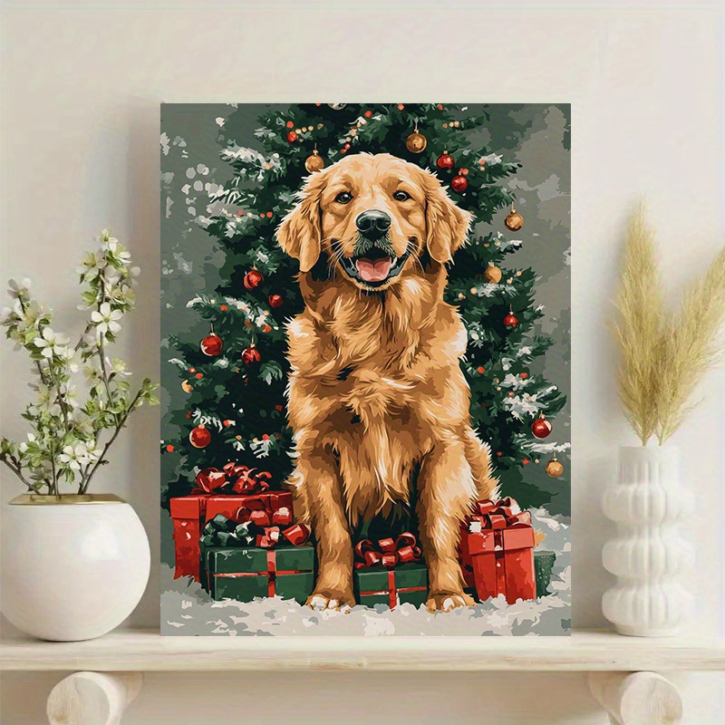 

1pc Rolled Canvas Wall Art Featuring Golden Retriever With Christmas Decorations, Modern Oil Painting Style Cloth Poster For Home, Office, Living Room, Bedroom - Holiday Dog Theme Ss20893