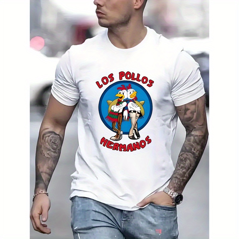 

Los Pollos Men's Casual Crew Neck T-shirt - Polyester With Spandex, Alphabet Pattern Print, Short Sleeve Knit Fabric Top For Summer, Regular Fit With Stretch, Fashionable Casual Wear