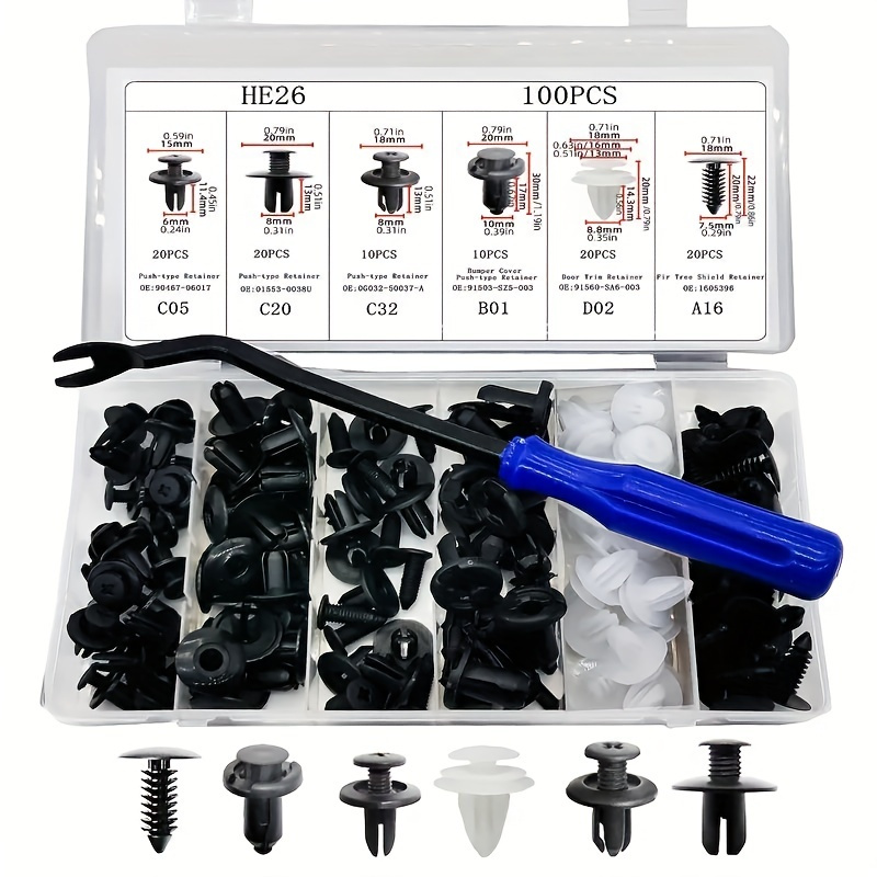 

100pcs Auto Removal Tool Kit, Car Door Panel Trim Clips & Bumper Rivets, 6 Sizes, Plastic Construction, With Handheld Puller For Interior & Exterior Trim Fixation, Without Battery