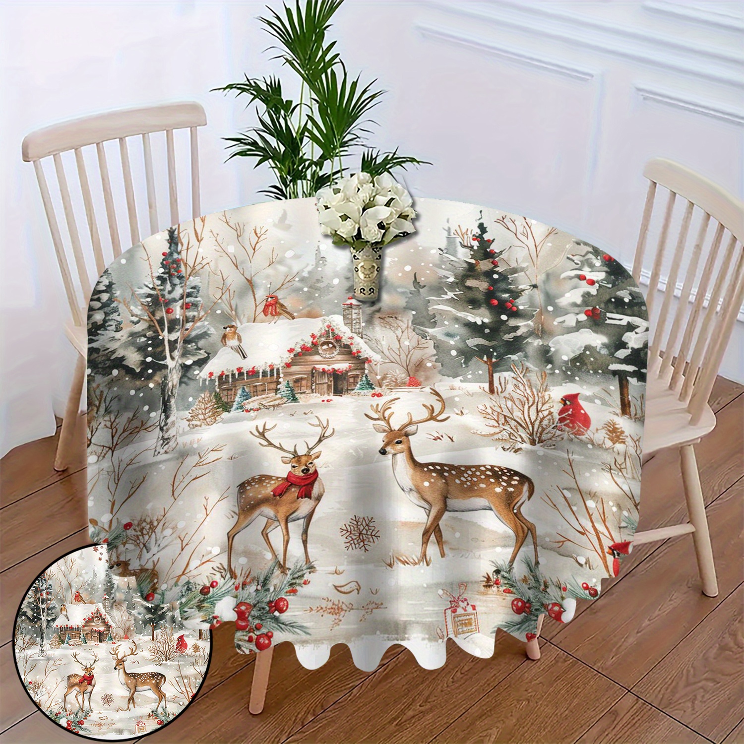 

Round Polyester Tablecloth With Winter Deer And Christmas Tree Print - 100% Polyester Woven Table Cover For Dining Room And Living Room, Holiday Graphic Table Decor, Machine Made, 58 Inch Diameter