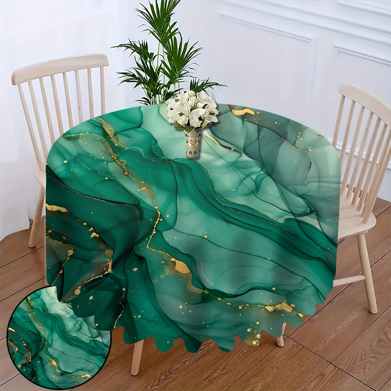 

Round Polyester Tablecloth With Abstract Green And Golden Pattern - Machine Woven, Decorative Dust Cover For Dining Table And Coffee Table - 1 Piece