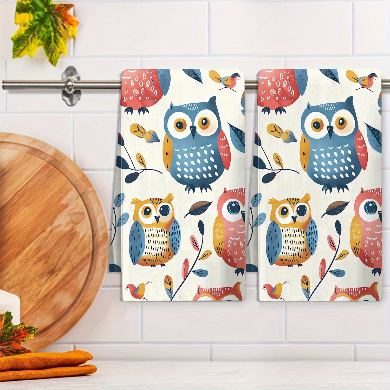 

1pc Cartoon Owl Leaf Kitchen Household Print Towel, Cleaning Cloth, Dining Table Decorative Towel