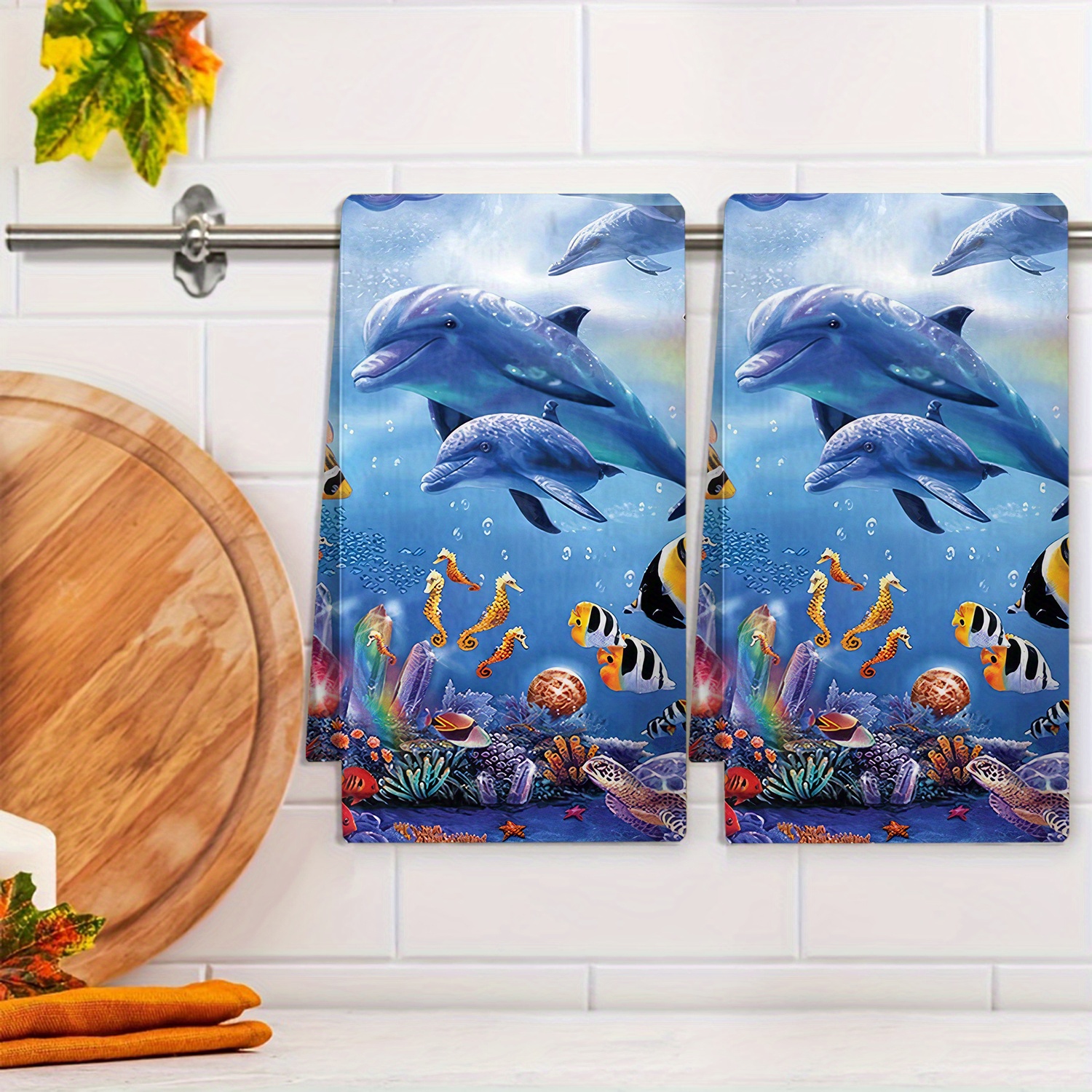 

Set Of 2 Vibrant Underwater-themed Kitchen Towels - Soft Polyester, Machine Washable, Rectangular Cleaning Cloths With Blue & For Home Decor