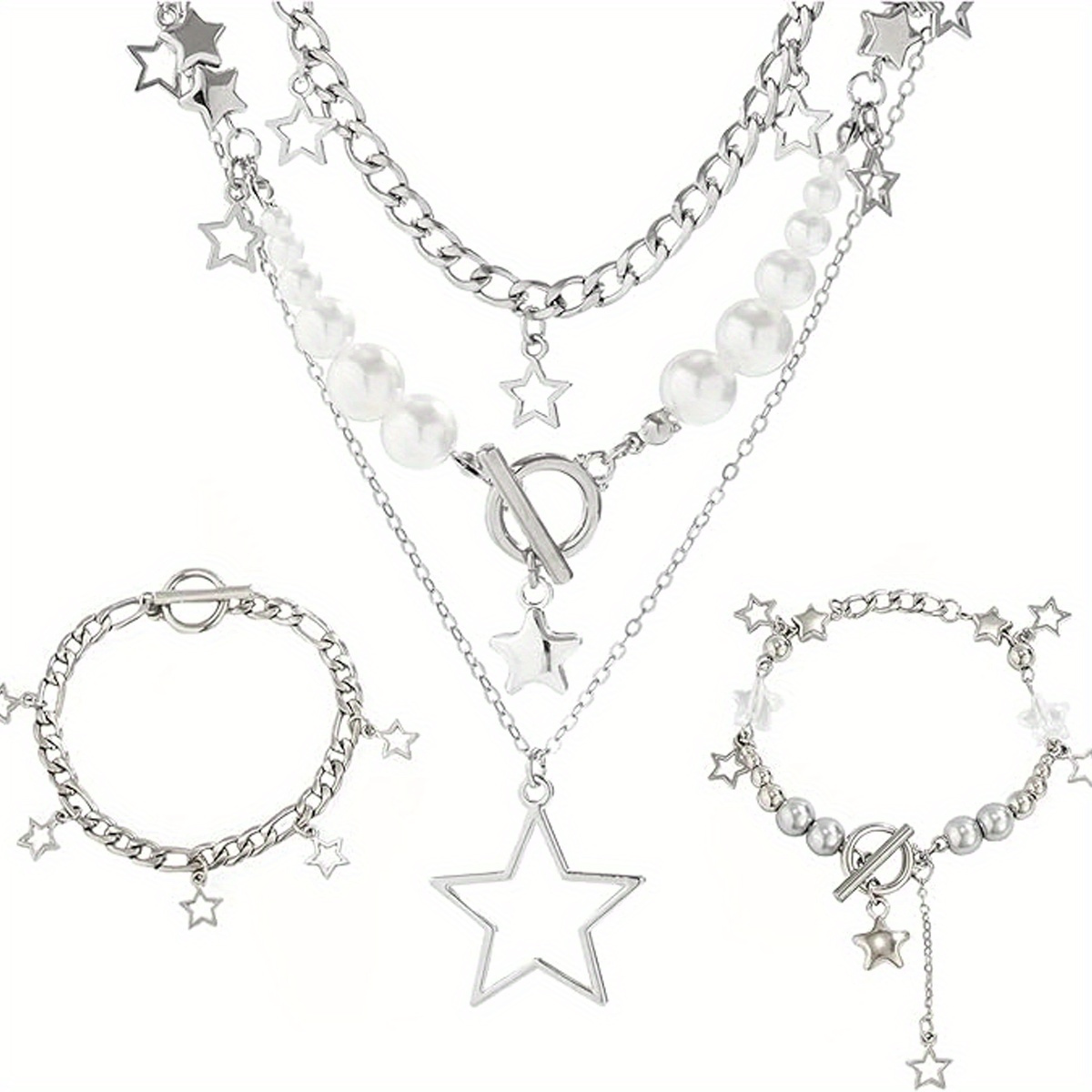 

A Set Of 3 Silvery Star Necklaces Y2k Jewelry Set Cute Necklace Aesthetic Vintage Jewelry