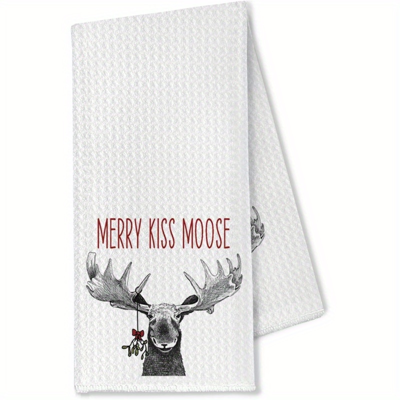 

1pc Polyester Kitchen Towel 18x26" - "merry Kiss Moose" Design With Red Bow & Greenery, Machine Washable Hand Towel For Kitchen & Bathroom Decor