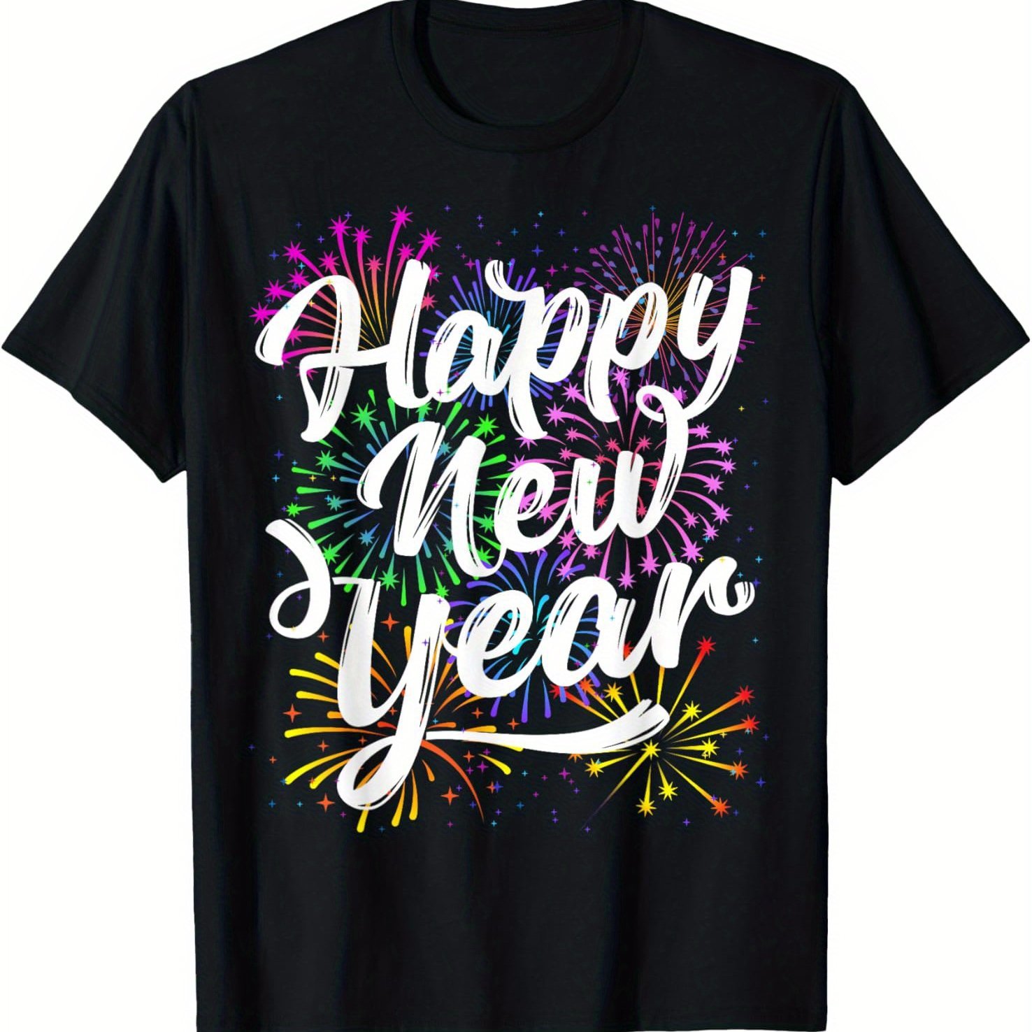 

2025 New Year Party Supplies Family Matching Fireworks T-shirt Black Casual Short Sleeved Men' T-shirt