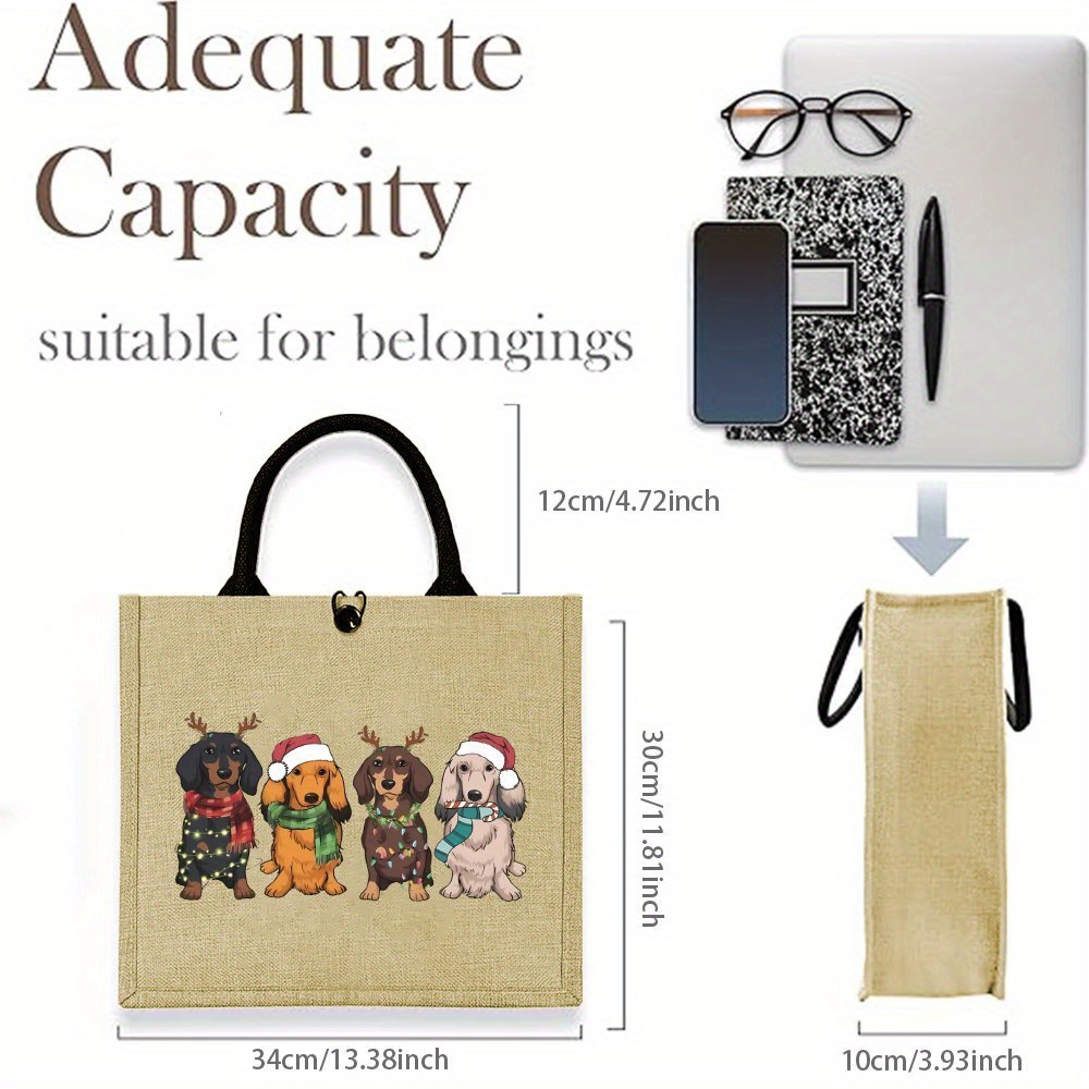 TEMU []funny Christmas Dachshund Tote Bag, Christmas Gift, Dachshund Printed Handbag Large Durable Jute Bags For , , Travelling