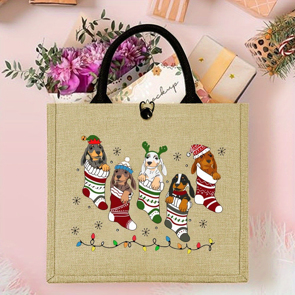 

Funny Christmas Dachshund Tote Bag, Christmas Gift, Christmas Stocking Dachshund Printed Handbag Large Capacity Trendy Jute Bags For Outdoor Picnic