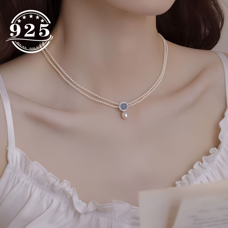 

925 Silver Double-layer Necklace With Artificial Aquamarine Pendant And Imitation Pearls - Elegant Fashion Accessory For Women By Chalibulang