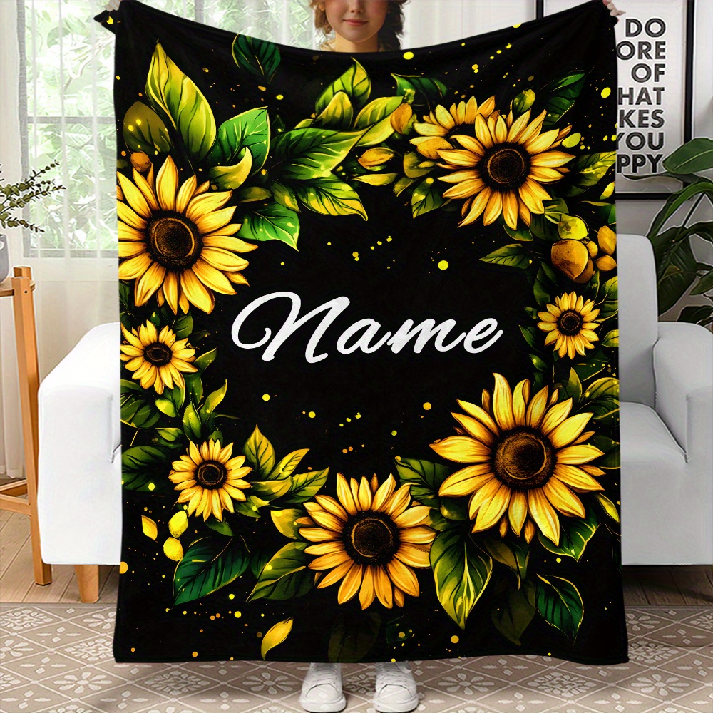 

Custom Name Sunflower Design Flannel Throw Blanket - Personalized Lightweight, Warm, Polyester Blanket For Sofa, Bed, Travel, Office - Parties, Christmas, Easter, Halloween - 1pc