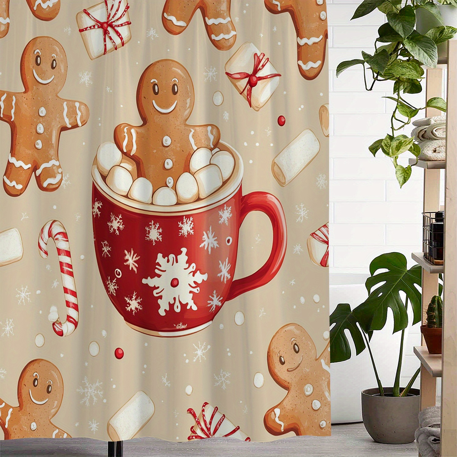 

Christmas Gingerbread Man & Candy Cane Mug Print Water-resistant Woven Polyester Bath With 12 Hooks - Machine Washable Artistic Bathroom Accessory