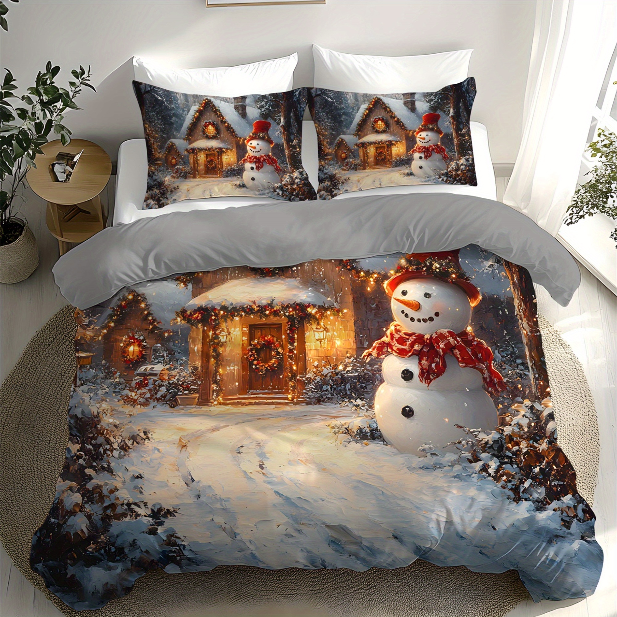 TEMU Jit2/3pcs Christmas Snowman Snowflake, Gift Pattern 3d Super Soft Brushed Digital Printing Duvet Cover Set Bedding Without Filling Fabric Soft