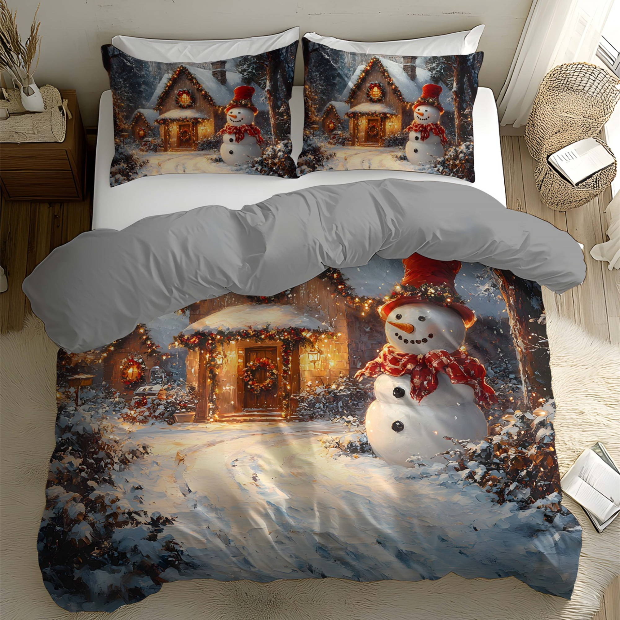 TEMU Jit2/3pcs Christmas Snowman Snowflake, Gift Pattern 3d Super Soft Brushed Digital Printing Duvet Cover Set Bedding Without Filling Fabric Soft