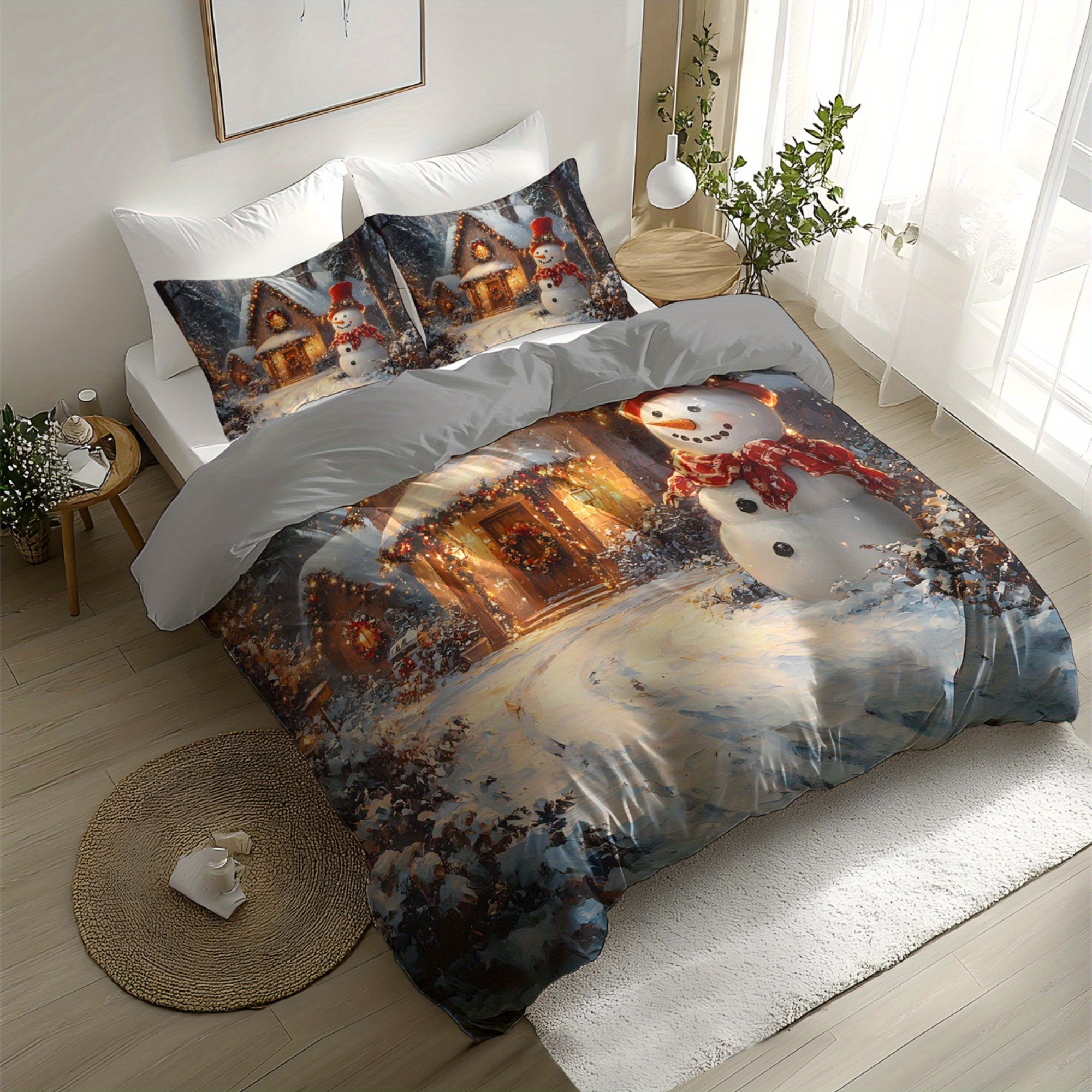 TEMU Jit2/3pcs Housse de couette Noël Homme de neige de neige, Motif cadeau 3D Super Doux Brossé Impression numérique Ensemble de literie rembourrage