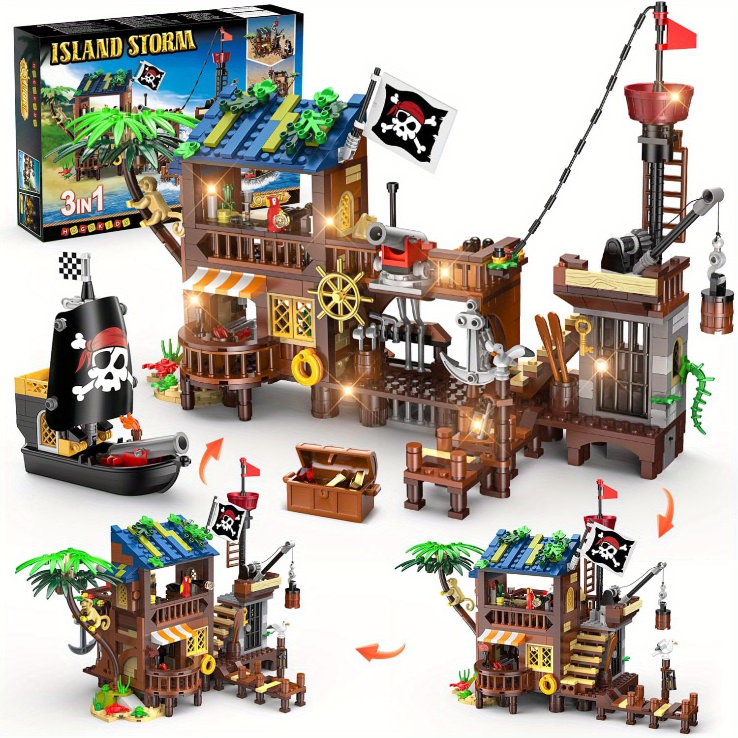 

Hogokids Pirate Ship House Building Set With Led Light - 3 Style Pirate Supply Center Set, 781pcs Stem Bricks Girls Boys 6-12+ Birthday Gifts