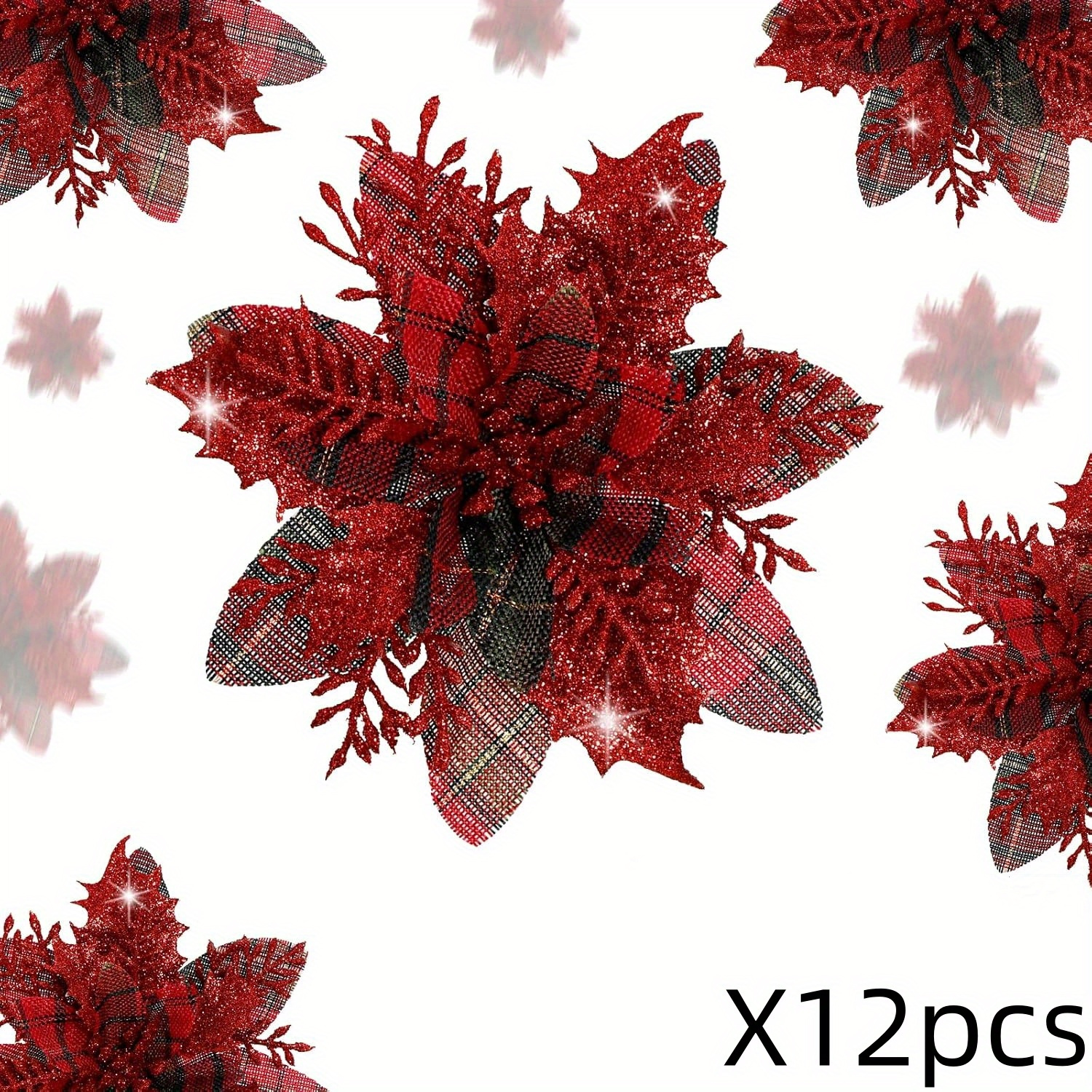 

12pcs Sparkling Glitter Poinsettia Flowers 5.5" - Christmas Tree, Wedding & Wreath Decorations, Red & Green