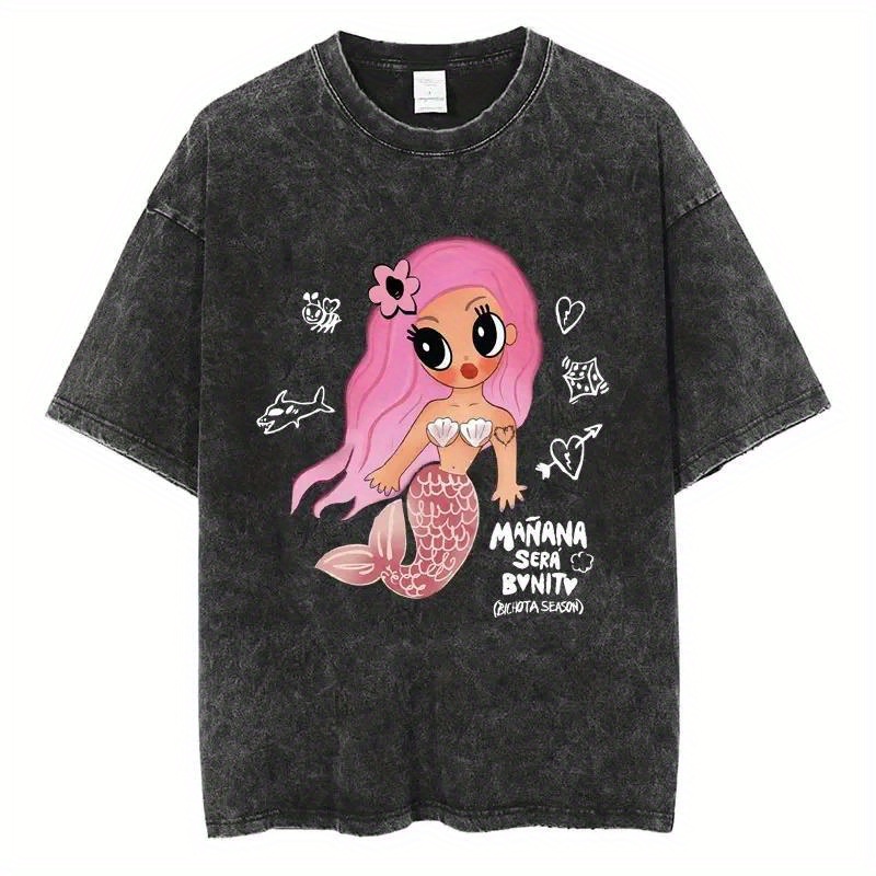 

Summer Cotton Washed T-shirts G Sera Print Men Women Mermaid Design Graphic Boys Tops