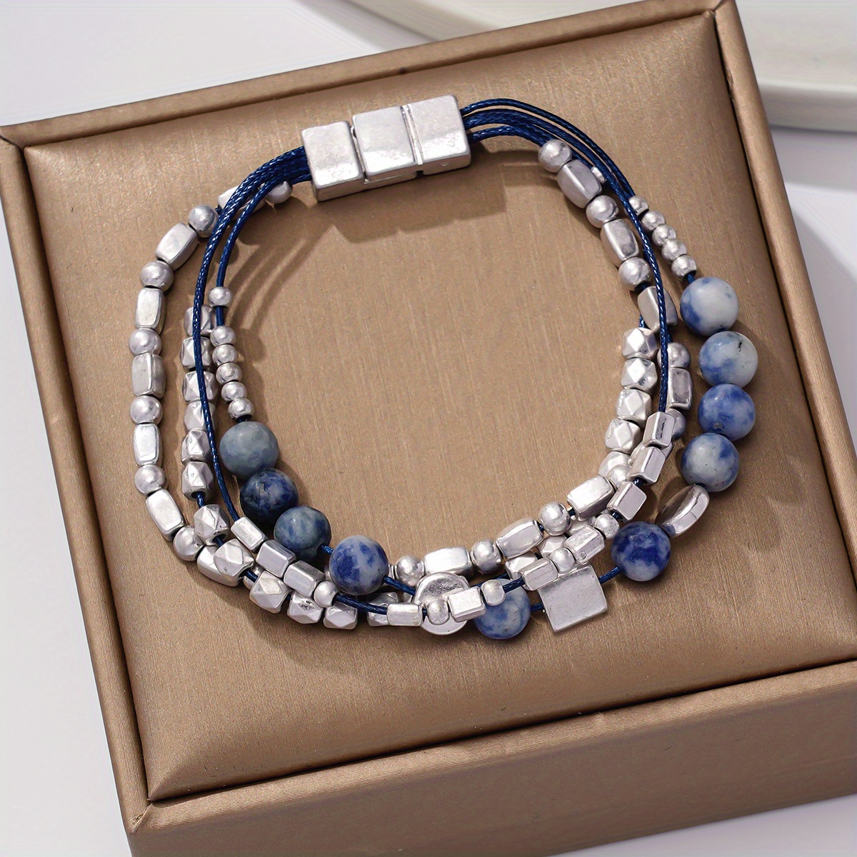 

1pc Chic Geometric Beaded Bracelet With Blue And - Elegant Alloy Hand Jewelry, Simple Yet Sophisticated Design For