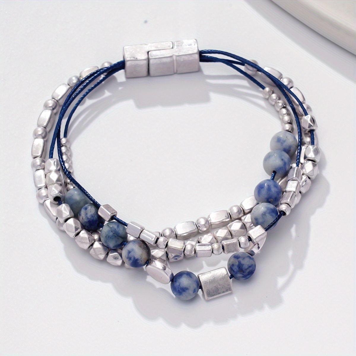 TEMU 1pc Minimalist Blue Beaded Bracelet With Stone Beads - Smooth Round Or Gemstones, Neutral Tones For Daily Wear, Elegant Jewelry Gift For Casual