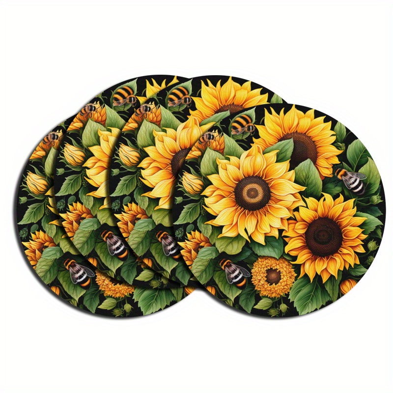 

4/6pcs Round Linen Placemats - Sunflowers Design, 15inch Table Mats, Water-resistant, Easy-to-clean, And - Home Dining Room, Restaurant, And Kitchen Table Decor