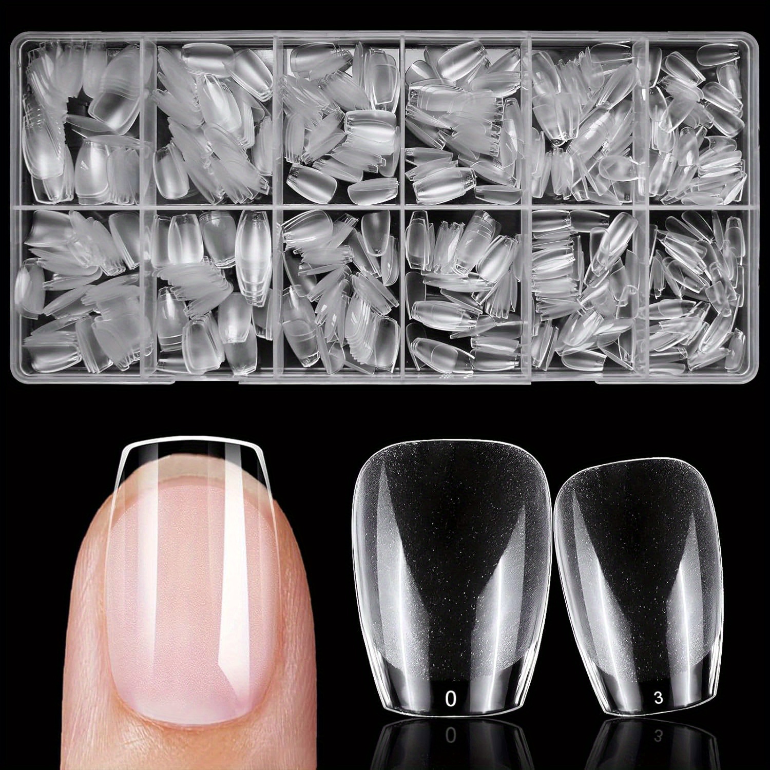 

600pcs Short Tips, 12 Sizes, Full Cover Soft , Clear Acrylic False Nails, Black Matte , , Diy Nail Salon