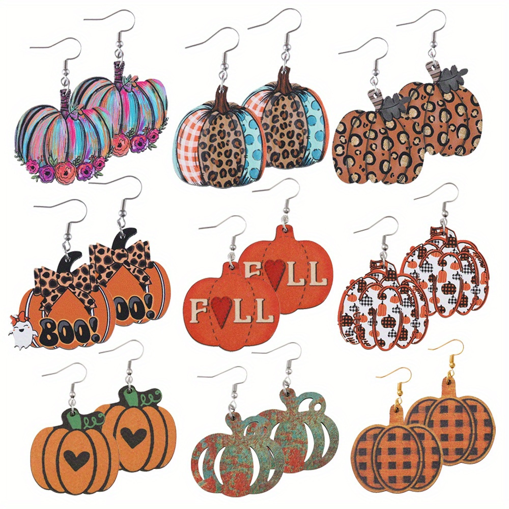 TEMU 9 Pairs Vintage Rustic Wood & Rust Painted Pumpkin Earrings Set - Double-sided Dangle Earrings With Retro Plaid Bows, Party Accessories For, Thanksgiving Gifts, Fall Daily Wear ( Wood Grain)