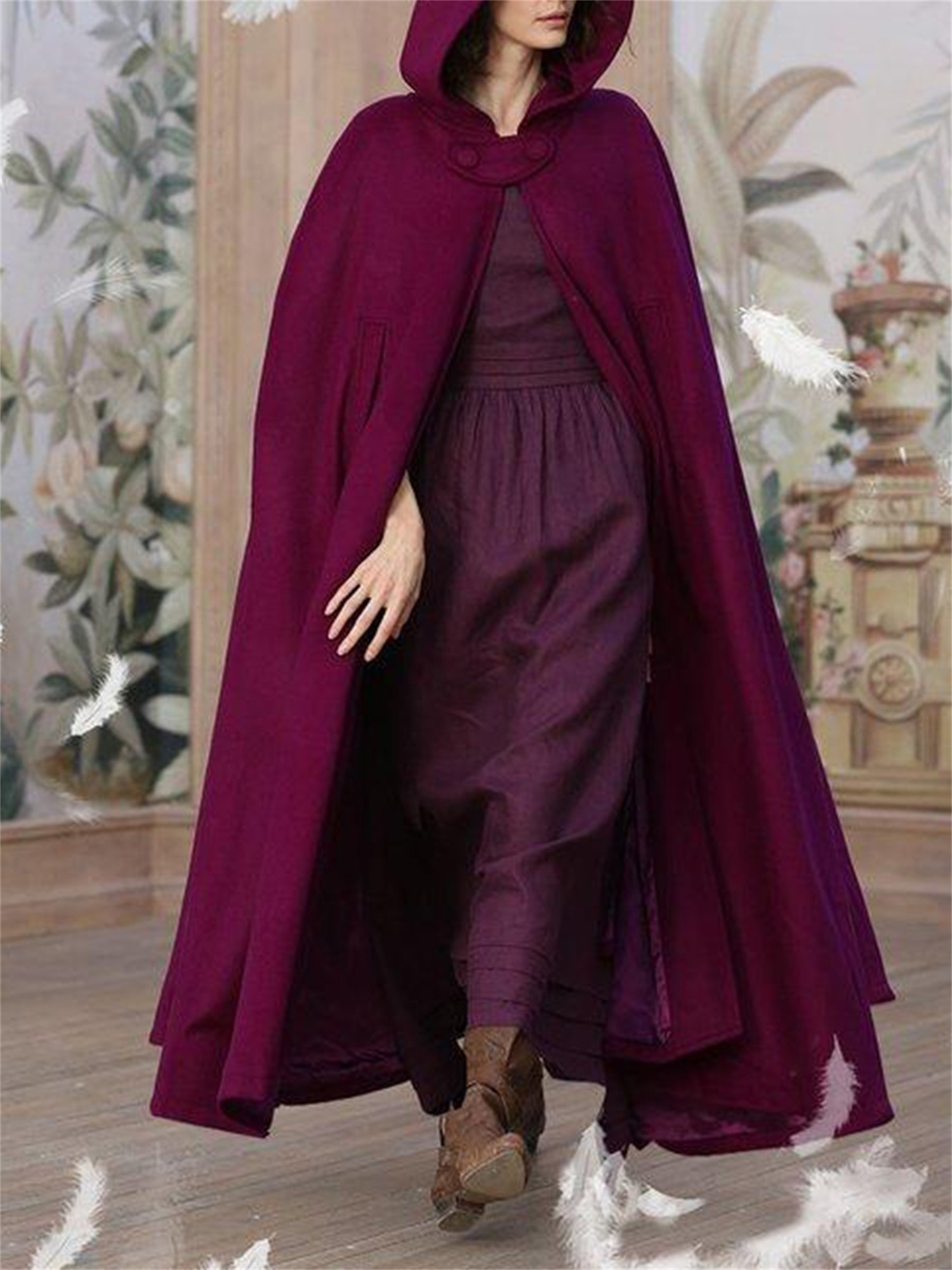 Long Cape Shawl Winter Hooded Cape Coat Women's Vintage-Style Long