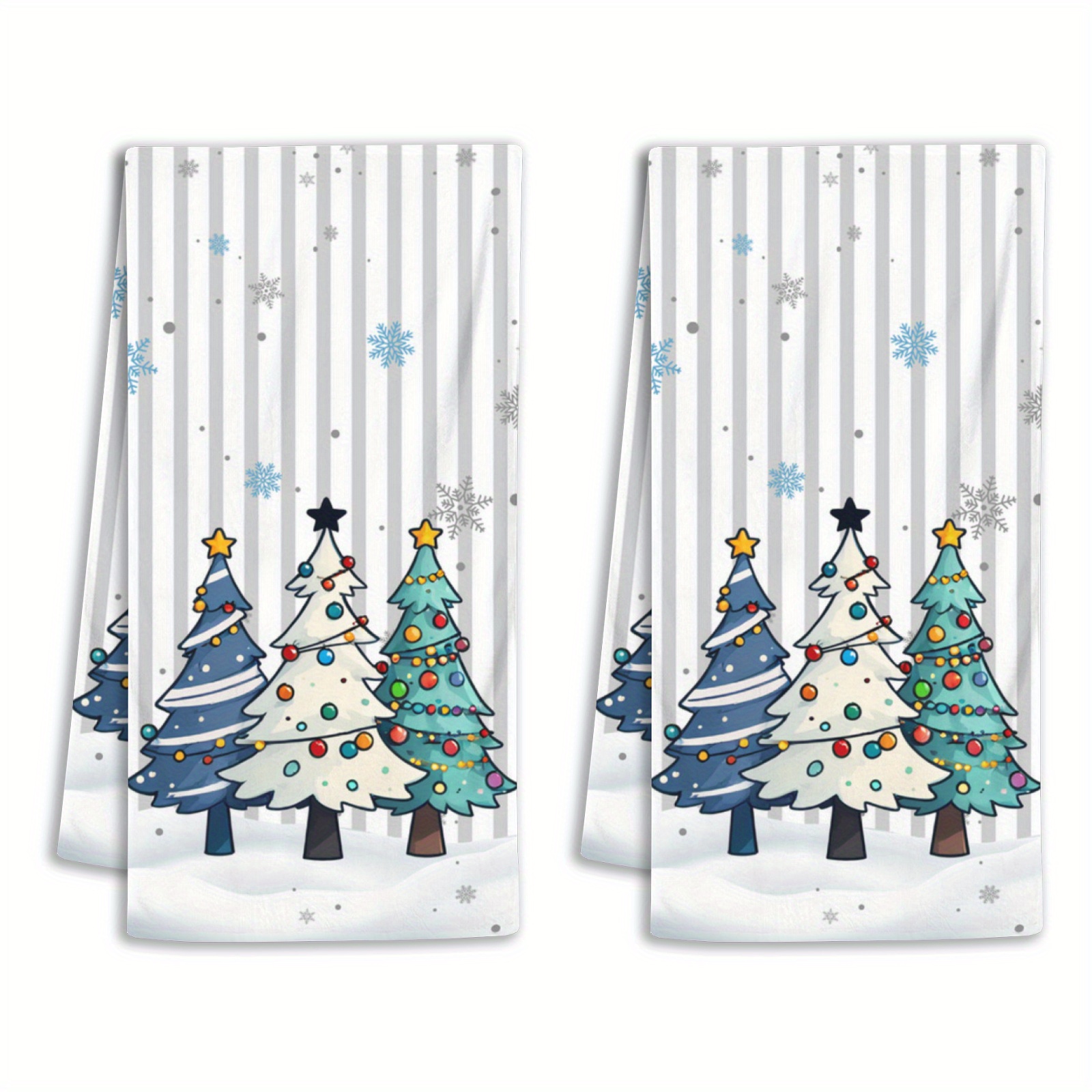 

2pcs Christmas Towels - Cartoon Trees & Snowflakes Design, Kitchen, Bathroom, Gym & Spa Decor, Gray Vertical Background, Hanging Christmas Balls, New Year, , Rectangular Shape