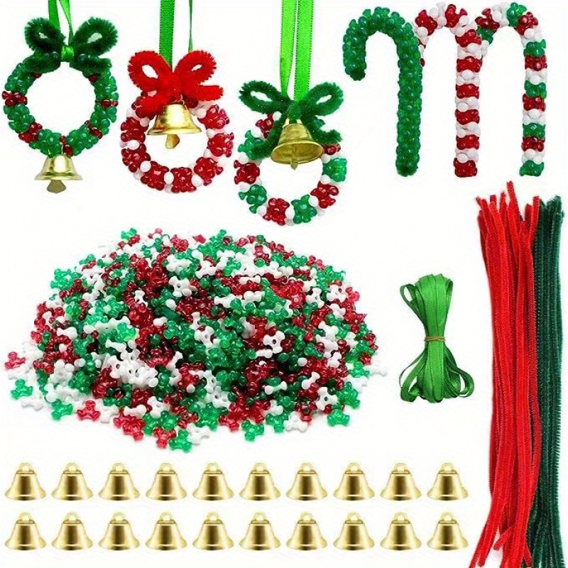 

1041pcs Christmas Diy Bead Craft Kit - Plastic Beads With Bells, Pipe Cleaners & Bows For Handmade Wreaths And Tree Ornaments, Holiday Room Decor And Creative Christmas Gifts